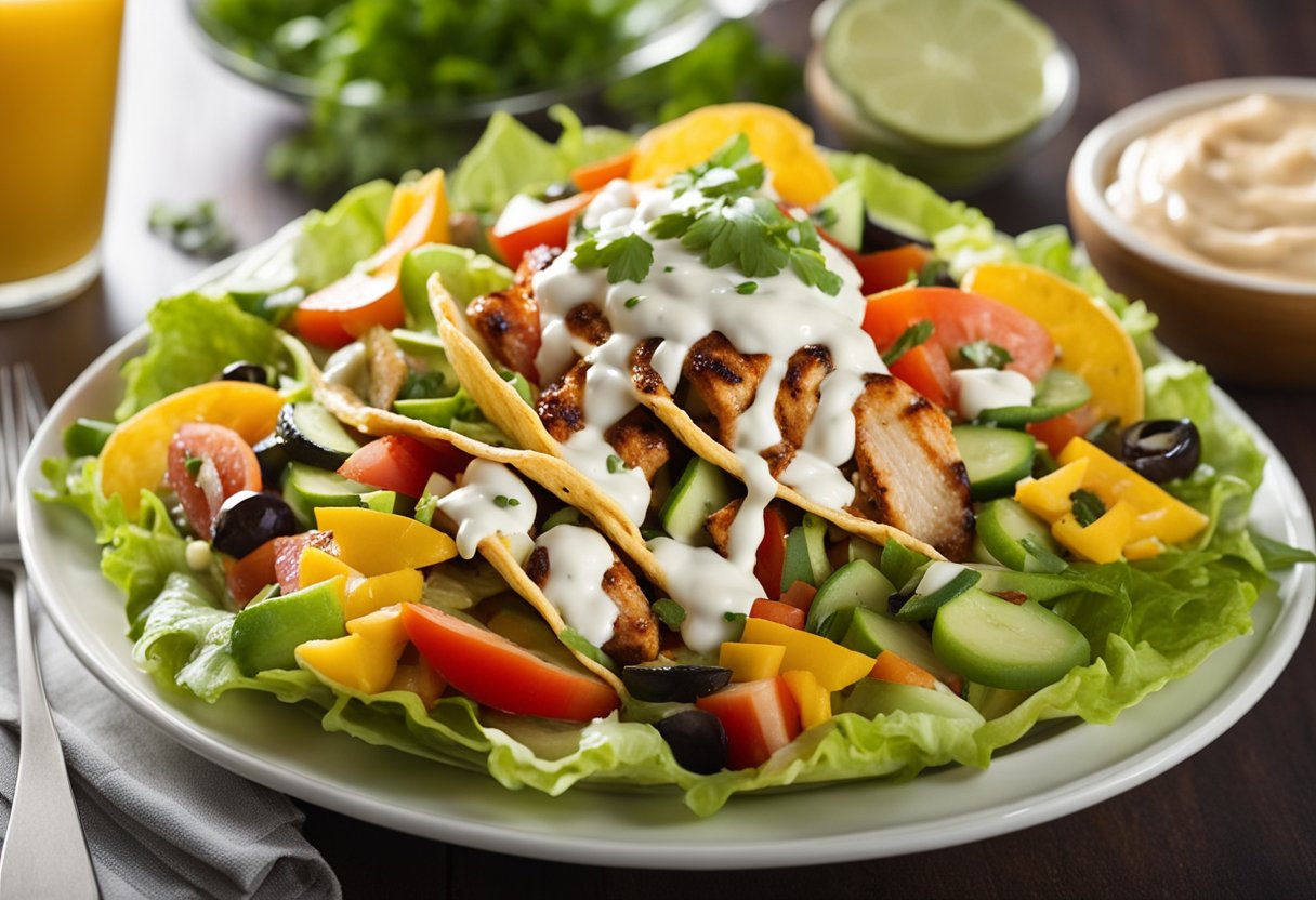 A taco salad sits on a white plate, topped with grilled chicken, fresh vegetables, and a creamy dressing. The vibrant colors and appetizing presentation make it a culinary delight