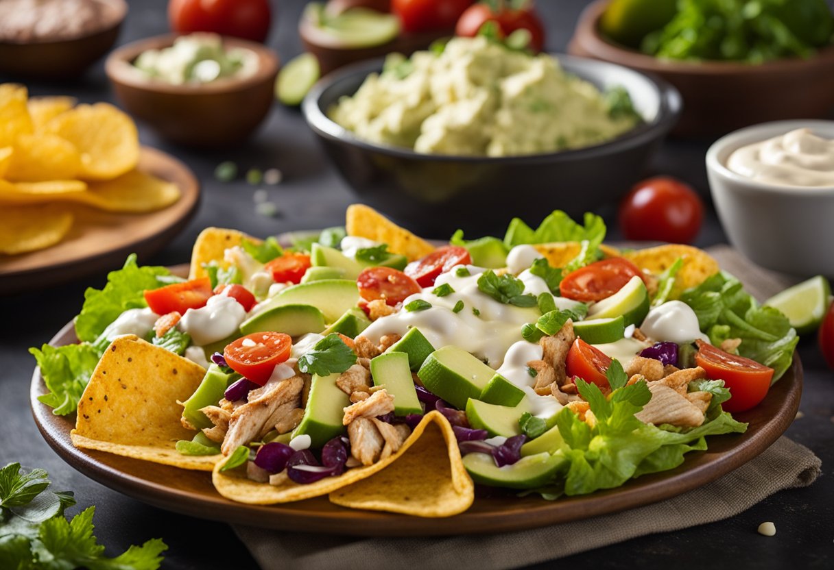 A colorful taco salad with creamy dressing, featuring fresh chicken and a variety of custom toppings, creating a culinary delight