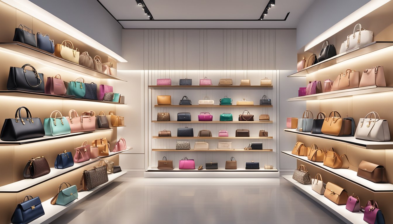A display of luxury handbags from trending brands, arranged on sleek shelves with soft lighting