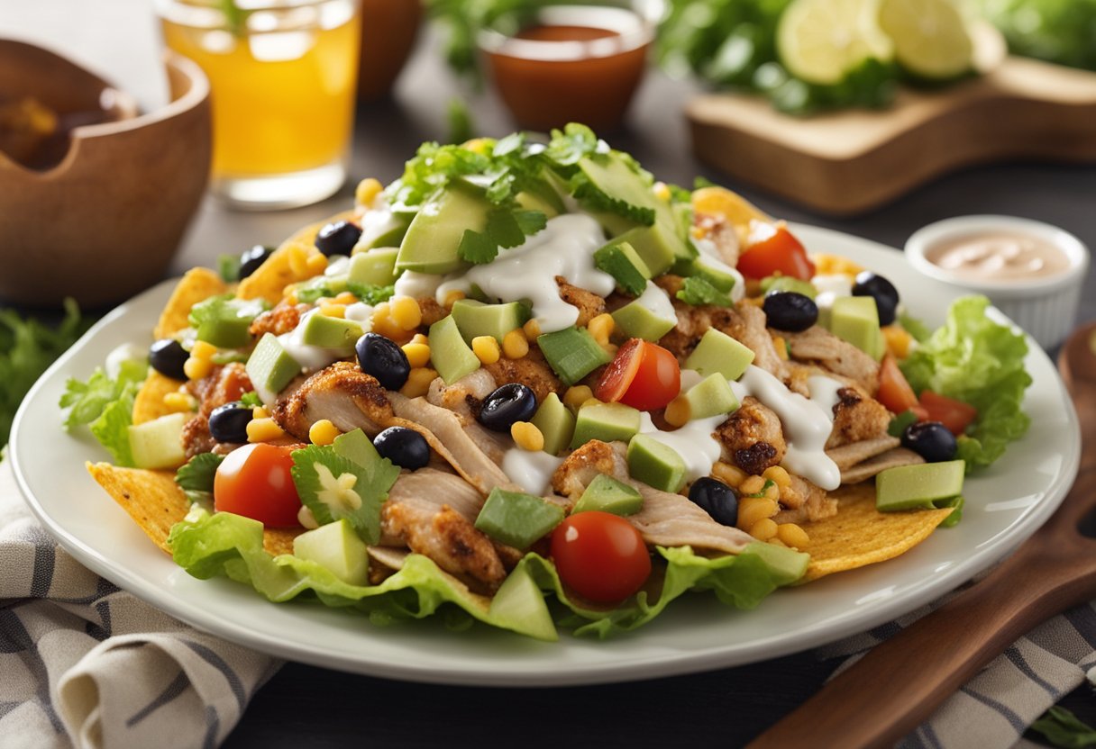 A taco salad is paired with drinks and sides. The chicken recipe is a culinary delight with creamy dressing, creating a healthy meal