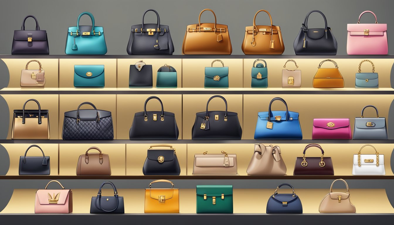 A display of luxury handbags with price tags, elegant logos, and sleek designs, showcasing the investment and value of the top brands
