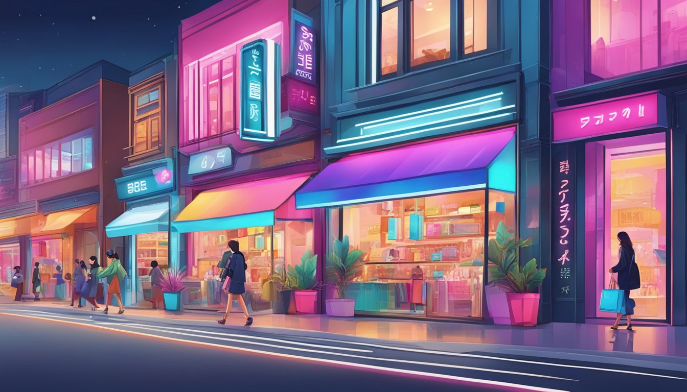 A vibrant street lined with modern Korean fashion boutiques, showcasing bold and innovative designs. Neon signs and sleek storefronts draw in stylish shoppers