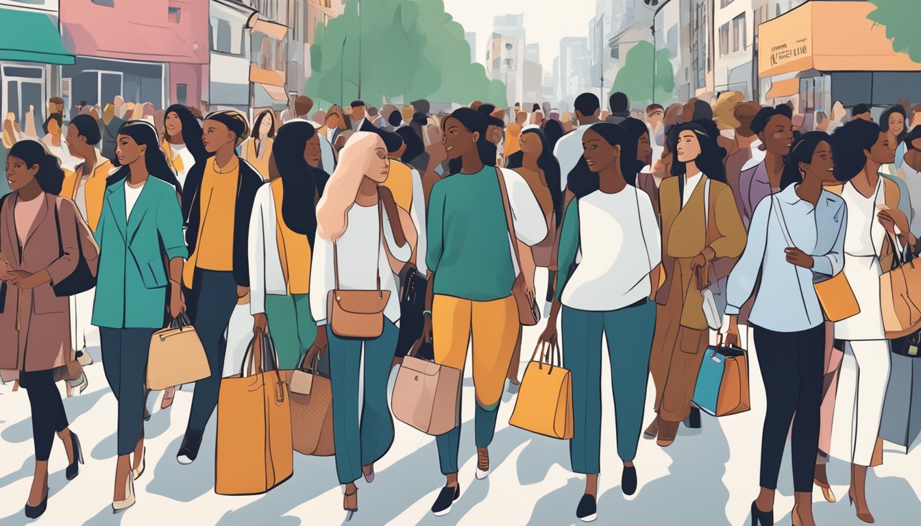 A crowded city street with diverse people carrying iconic handbag brands, showcasing the cultural impact of fashion on society