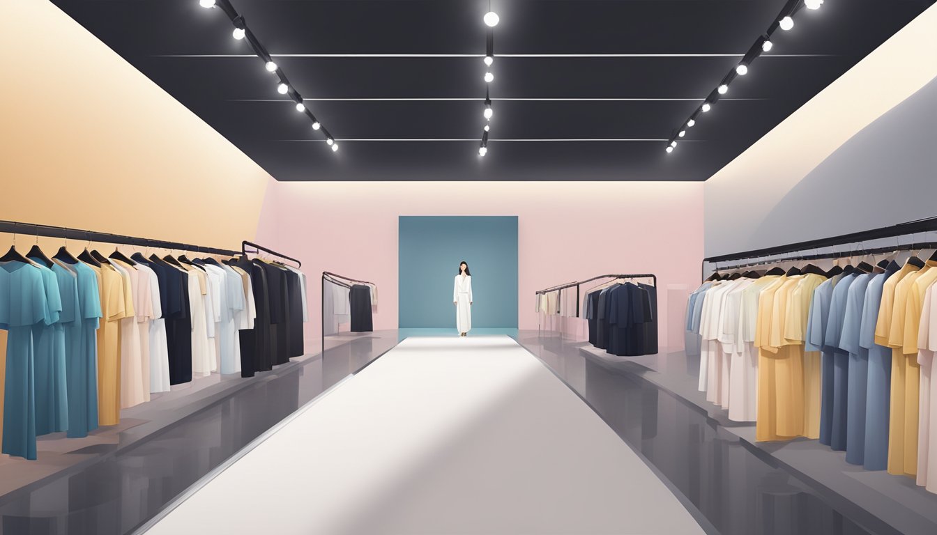 A runway with Korean clothing brands on display under a spotlight