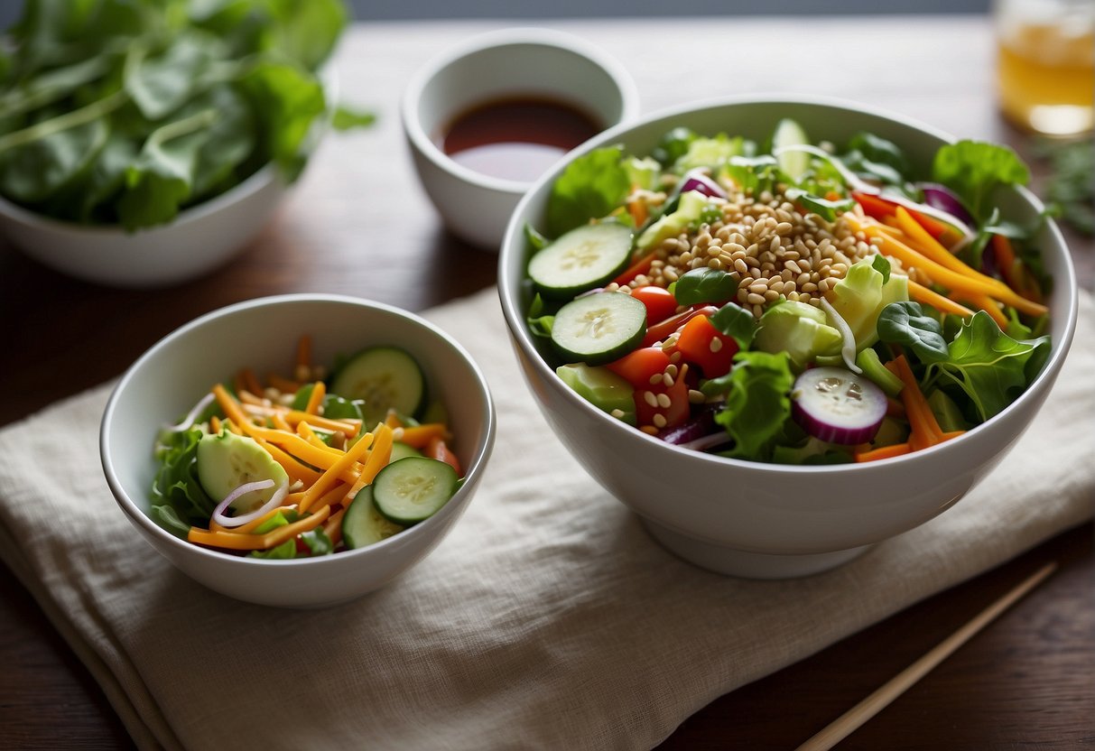 A bowl of mixed salad greens topped with a drizzle of homemade Chinese salad dressing, surrounded by a variety of colorful chopped vegetables and a pair of chopsticks
