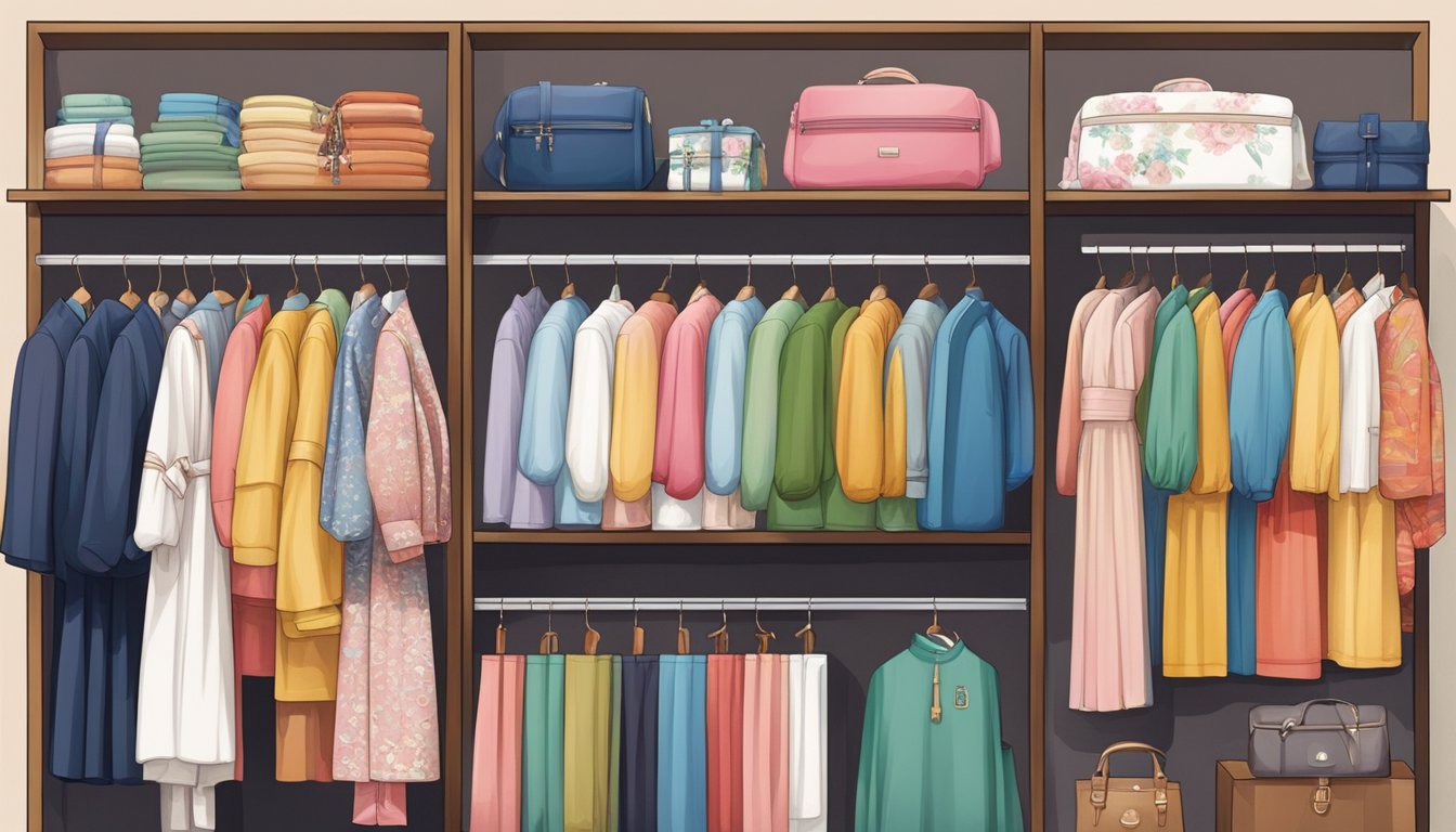 A colorful array of traditional and modern Korean clothing brands displayed on shelves with Korean calligraphy signs