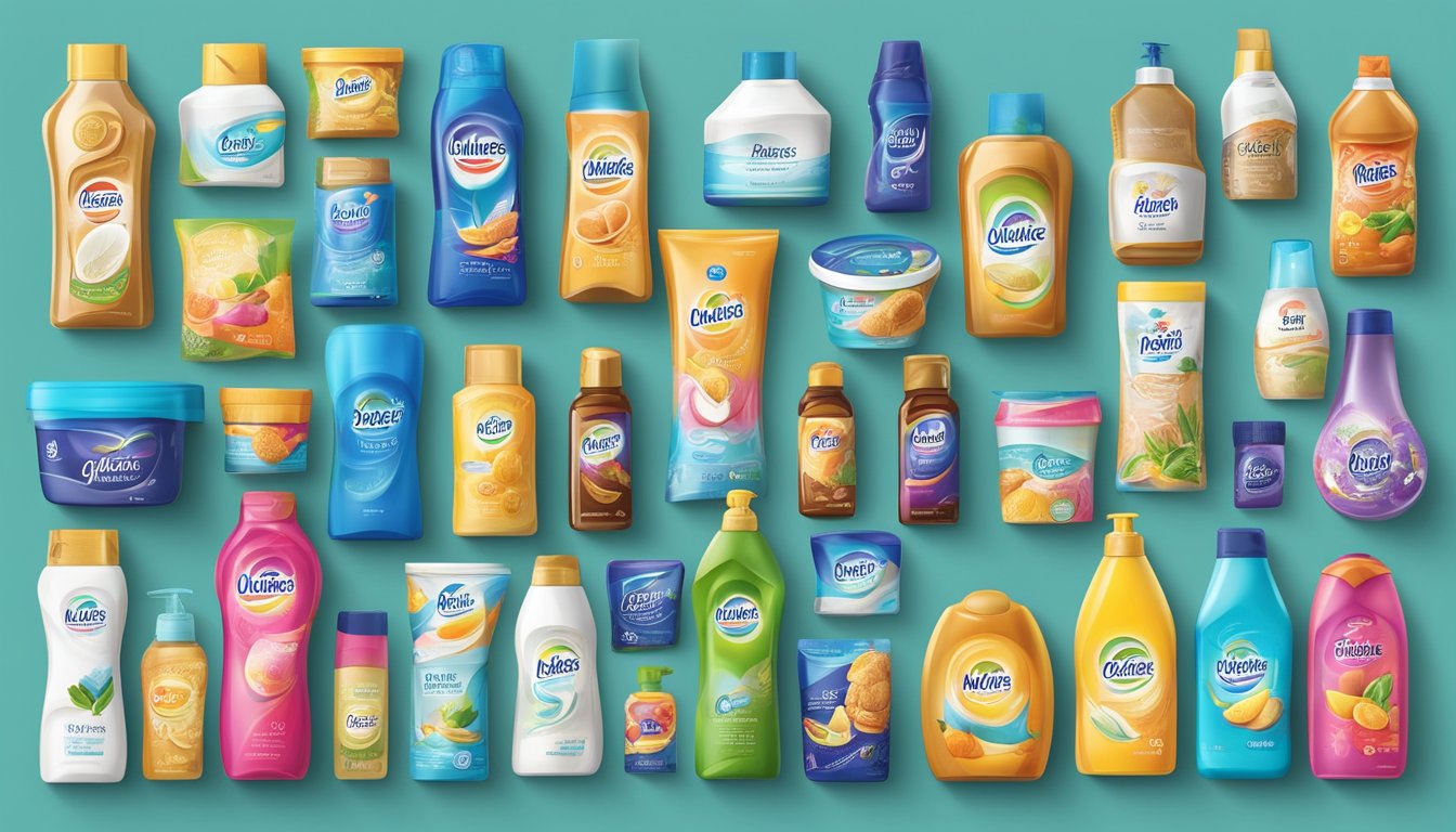Various Unilever brand products arranged in a colorful display, with logos and packaging clearly visible