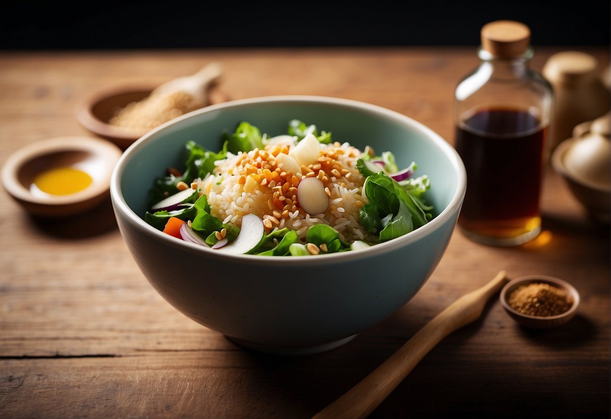 A bowl of Chinese salad dressing ingredients arranged on a wooden table with a bottle of soy sauce, rice vinegar, sesame oil, ginger, garlic, and sugar