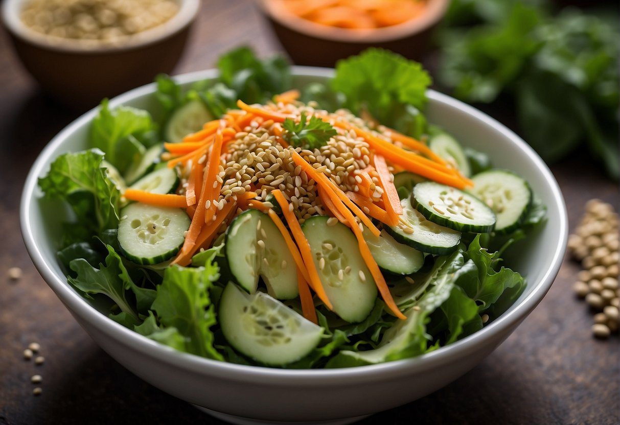 A bowl of mixed greens, sliced cucumbers, shredded carrots, and sesame seeds, drizzled with Chinese salad dressing