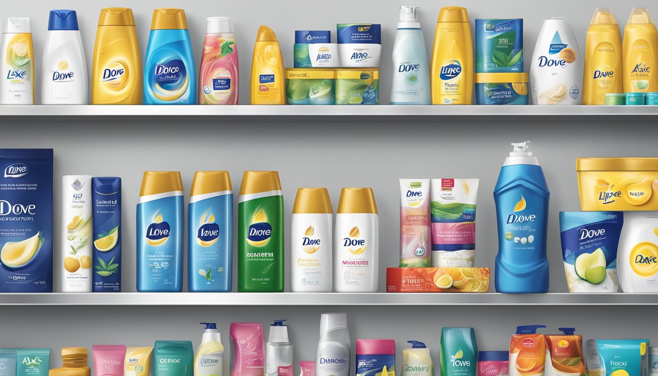 A collection of Unilever brands, including Dove, Lipton, and Axe, displayed on a sleek, modern shelf with each product prominently featured