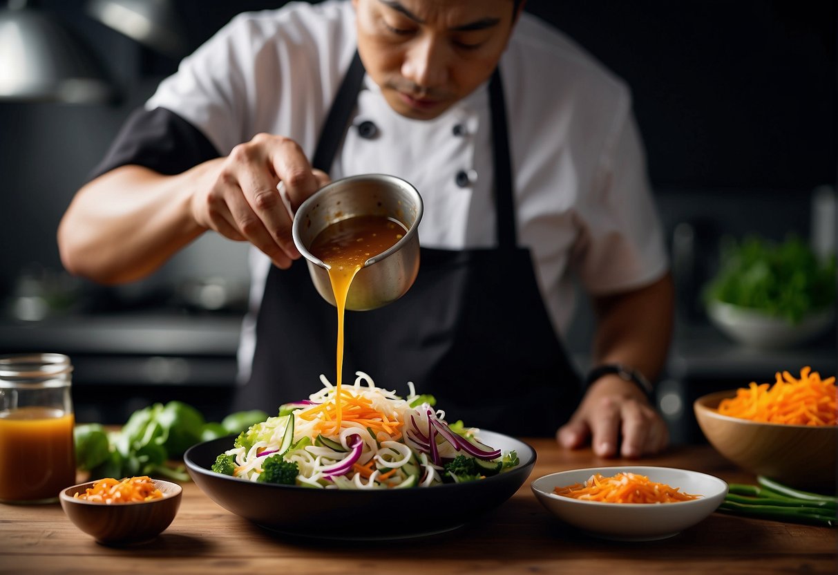 A chef pours a mix of soy sauce, vinegar, and sesame oil over a bowl of shredded vegetables, creating a flavorful Chinese salad dressing