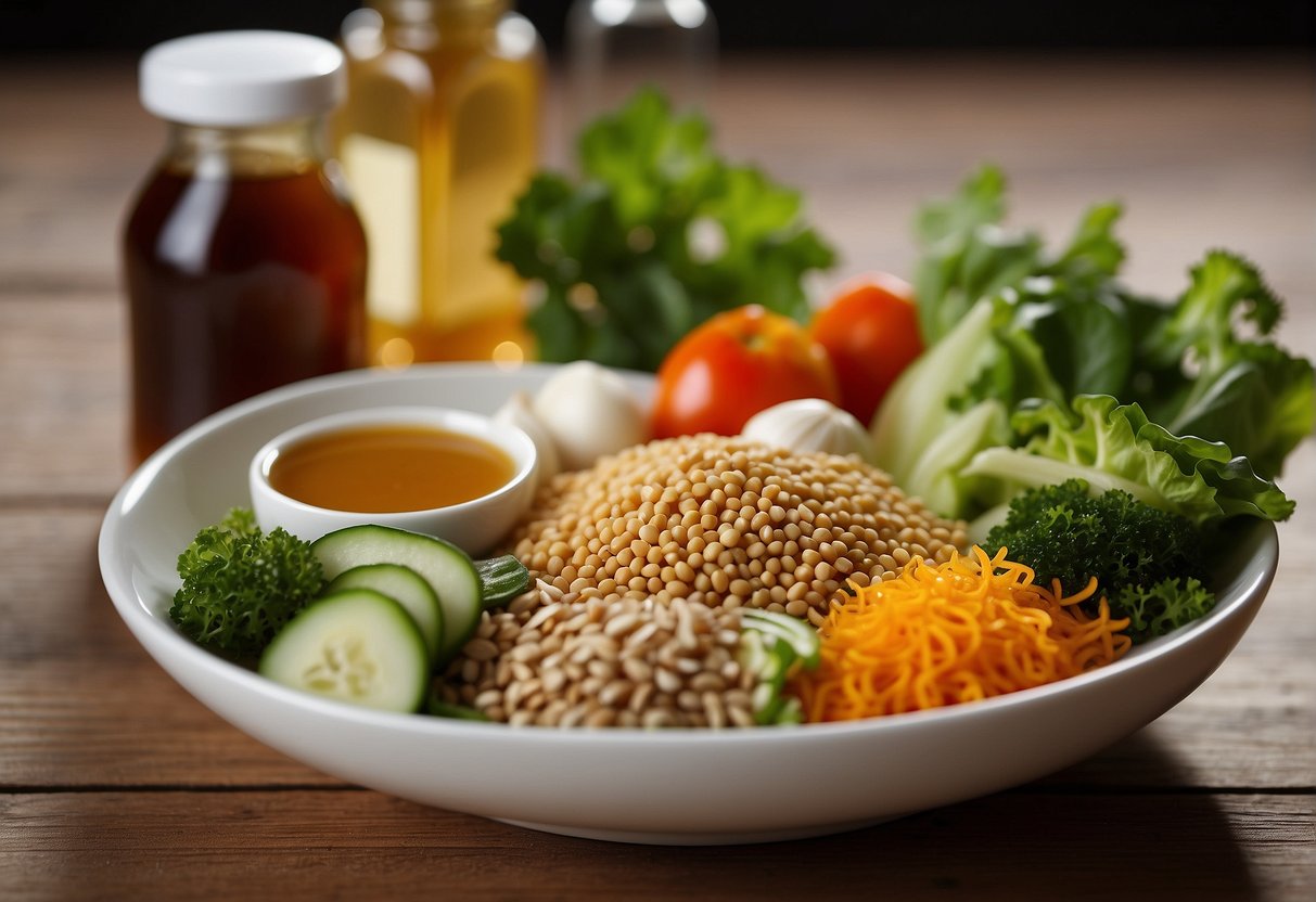 A bowl of Chinese salad dressing ingredients arranged on a wooden table with a bottle of soy sauce, vinegar, sesame oil, sugar, and garlic