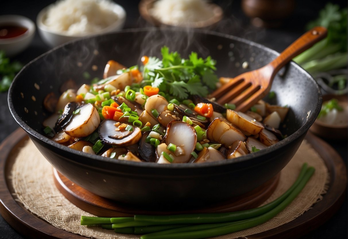 A wok sizzles with abalone, ginger, and scallions in a fragrant Chinese-style sauce. Steam rises as the dish is garnished with fresh cilantro and served on a bed of steamed rice