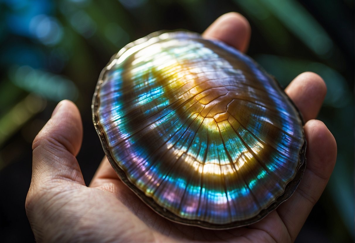 A hand reaches for a large, iridescent abalone shell. It is being carefully inspected for quality, with a focus on its size and color
