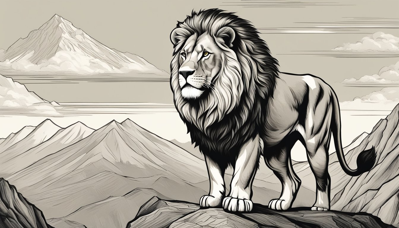 A majestic lion stands proudly atop a mountain, exuding strength and leadership, symbolizing the brand archetype of the "ruler."