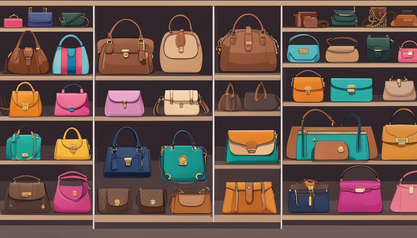 Various purse brands displayed on shelves, with colorful designs and different sizes. Some are leather, others are fabric, all with unique logos and details