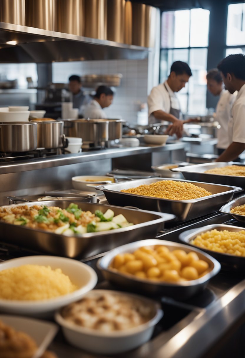 A bustling scene of various breakfast dishes being prepared and served in a Waco restaurant, with the aroma of diverse cuisines filling the air