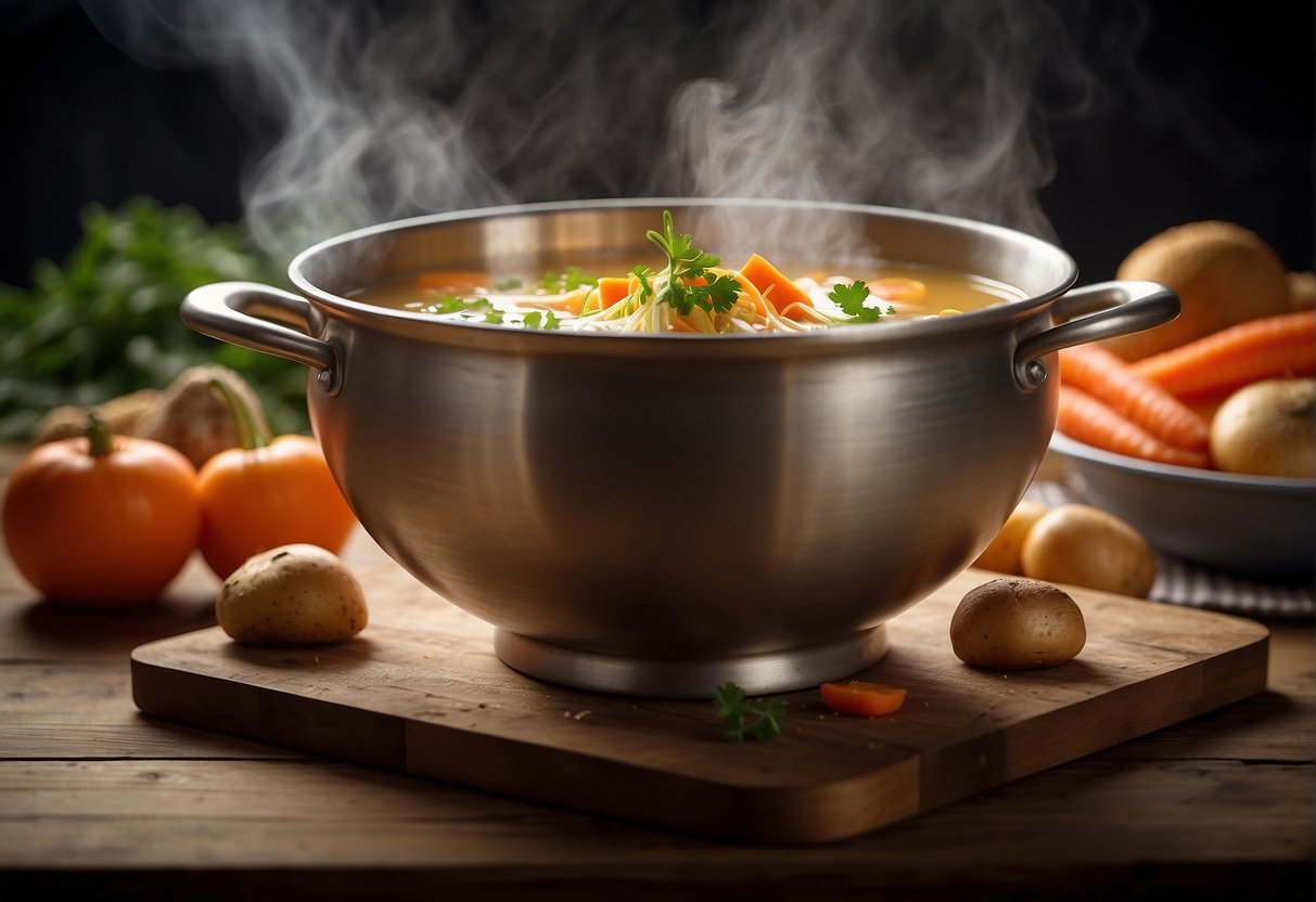 A steaming bowl of ABC soup sits on a table, filled with chunks of meat, potatoes, carrots, and onions in a clear broth