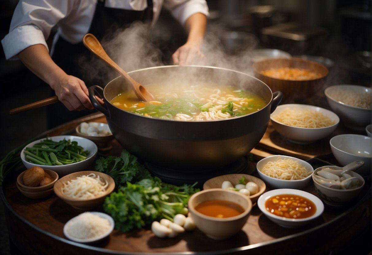 A chef mixes traditional Chinese ingredients in a large pot to create the famous ABC soup, symbolizing the rich history and cultural origins of the recipe