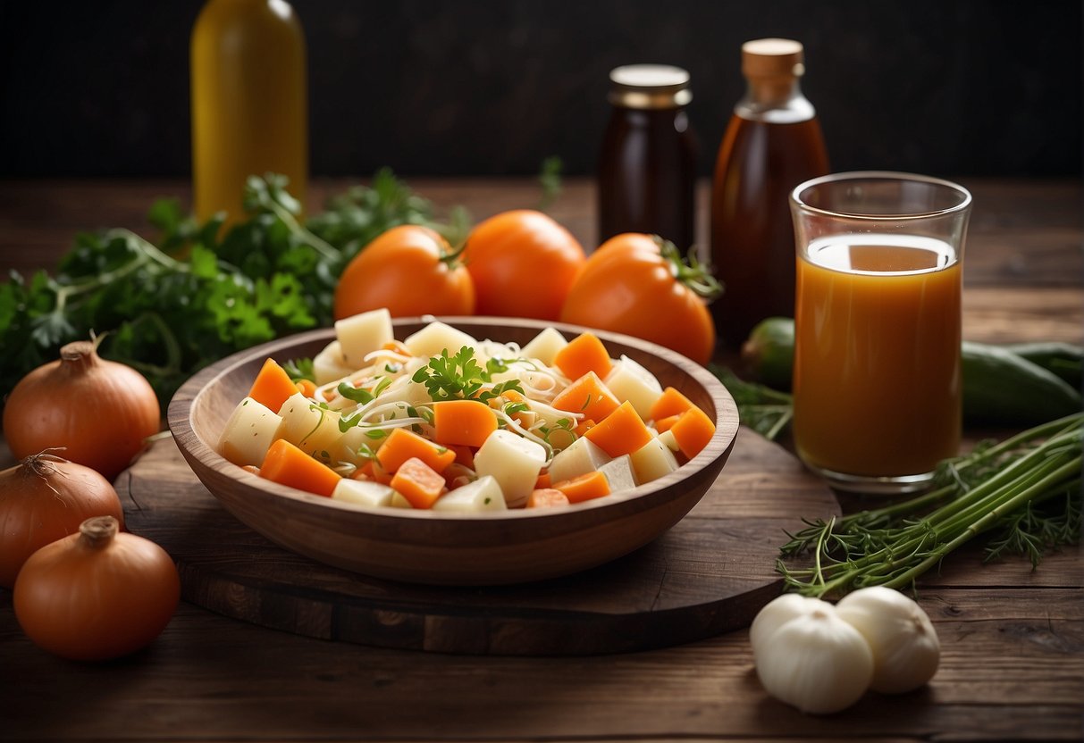 A wooden cutting board with fresh vegetables: carrots, potatoes, and onions. A bowl of chicken broth and a bottle of soy sauce nearby