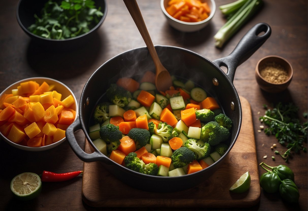 Chopping vegetables, boiling broth, adding spices, and simmering ingredients in a pot