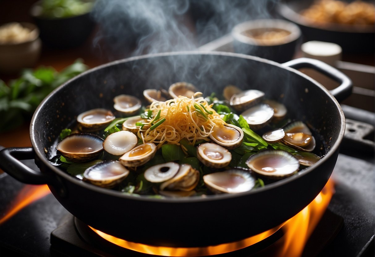 Abalone sizzling in a wok with ginger, garlic, and soy sauce. Steam rising, chopsticks in the background
