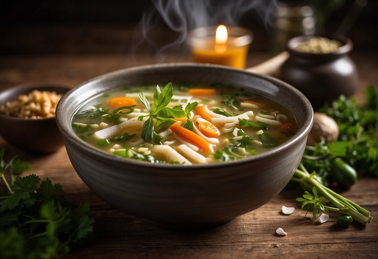A steaming bowl of ABC soup sits on a rustic wooden table, surrounded by fresh herbs, spices, and a pair of chopsticks