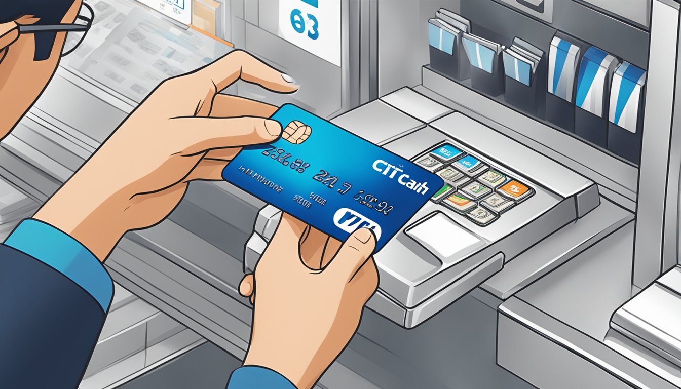A person swiping the Citi Cash Back+ card at a Singaporean store, with a clear view of the card's design and the transaction being completed