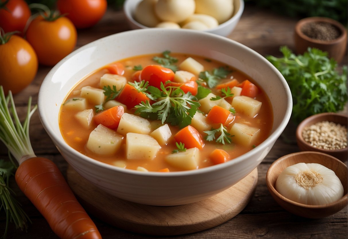 A bowl of ABC soup sits on a rustic wooden table, surrounded by fresh ingredients like carrots, potatoes, and tomatoes. A handwritten recipe card with Chinese characters lays next to the bowl