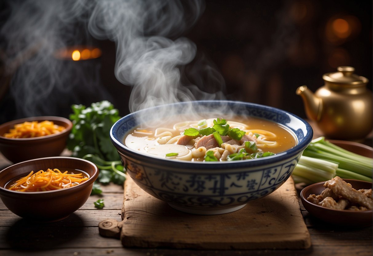 A steaming bowl of ABC soup sits on a rustic wooden table, surrounded by traditional Chinese cooking ingredients like ginger, scallions, and pork ribs