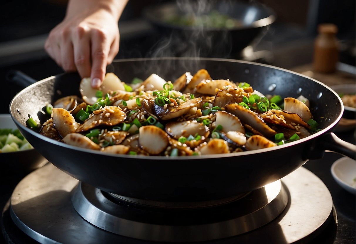 A wok sizzles as abalone is stir-fried with ginger, garlic, and soy sauce. A sprinkle of green onions and sesame seeds adds the finishing touch