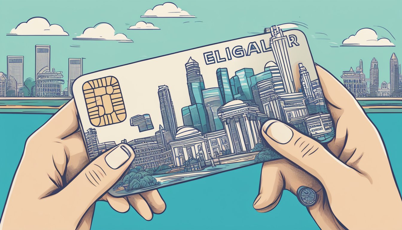A hand holding a Citi Cash Back+ Card with Singapore landmarks in the background. Text reads "Eligibility and Application" in bold letters
