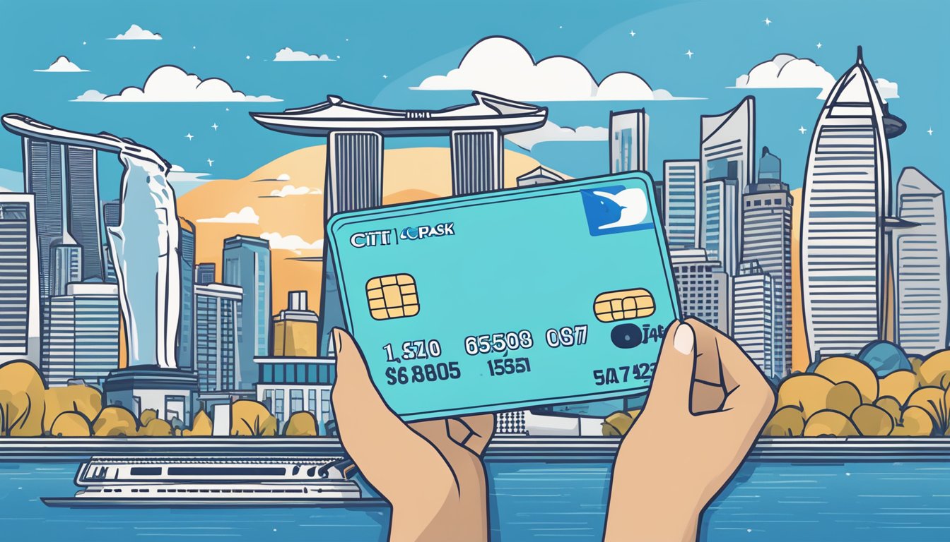 A hand holding a Citi Cash Back+ card with rewards and benefits floating around it. The card is set against a backdrop of iconic Singapore landmarks