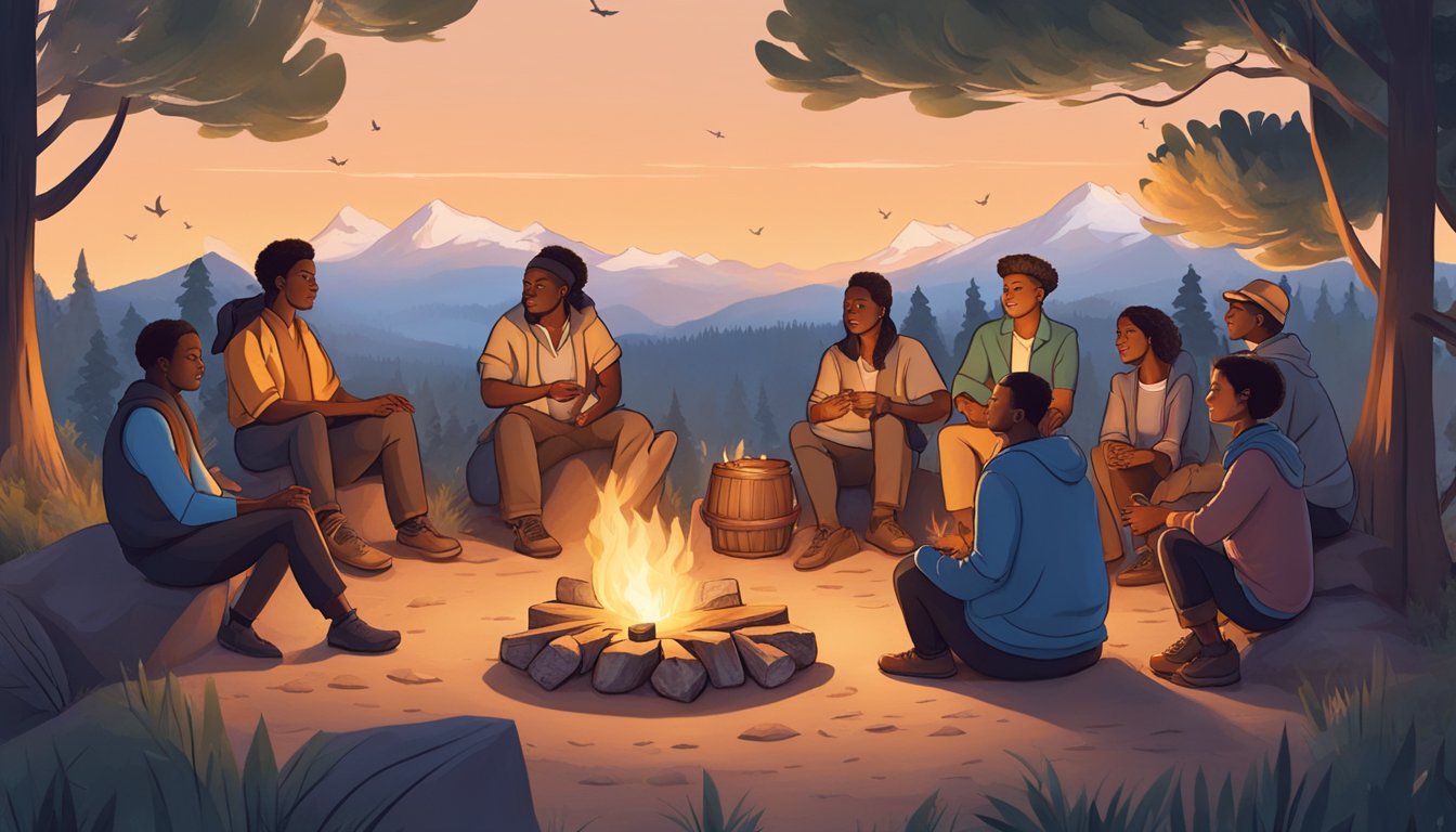 A diverse group of people gather around a campfire, sharing stories and wisdom, symbolizing the sage archetype
