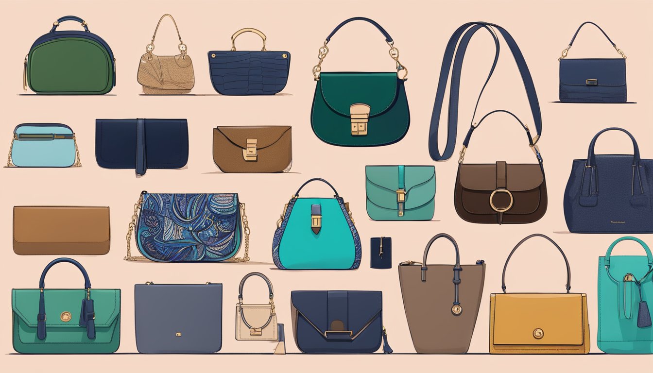 A display of various purses, from sleek clutches to boho crossbody bags, showcasing different styles and brands
