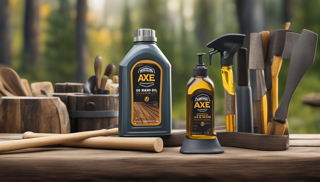 Axe brand oil bottle stands on a wooden table, surrounded by rustic tools and a rugged outdoor backdrop