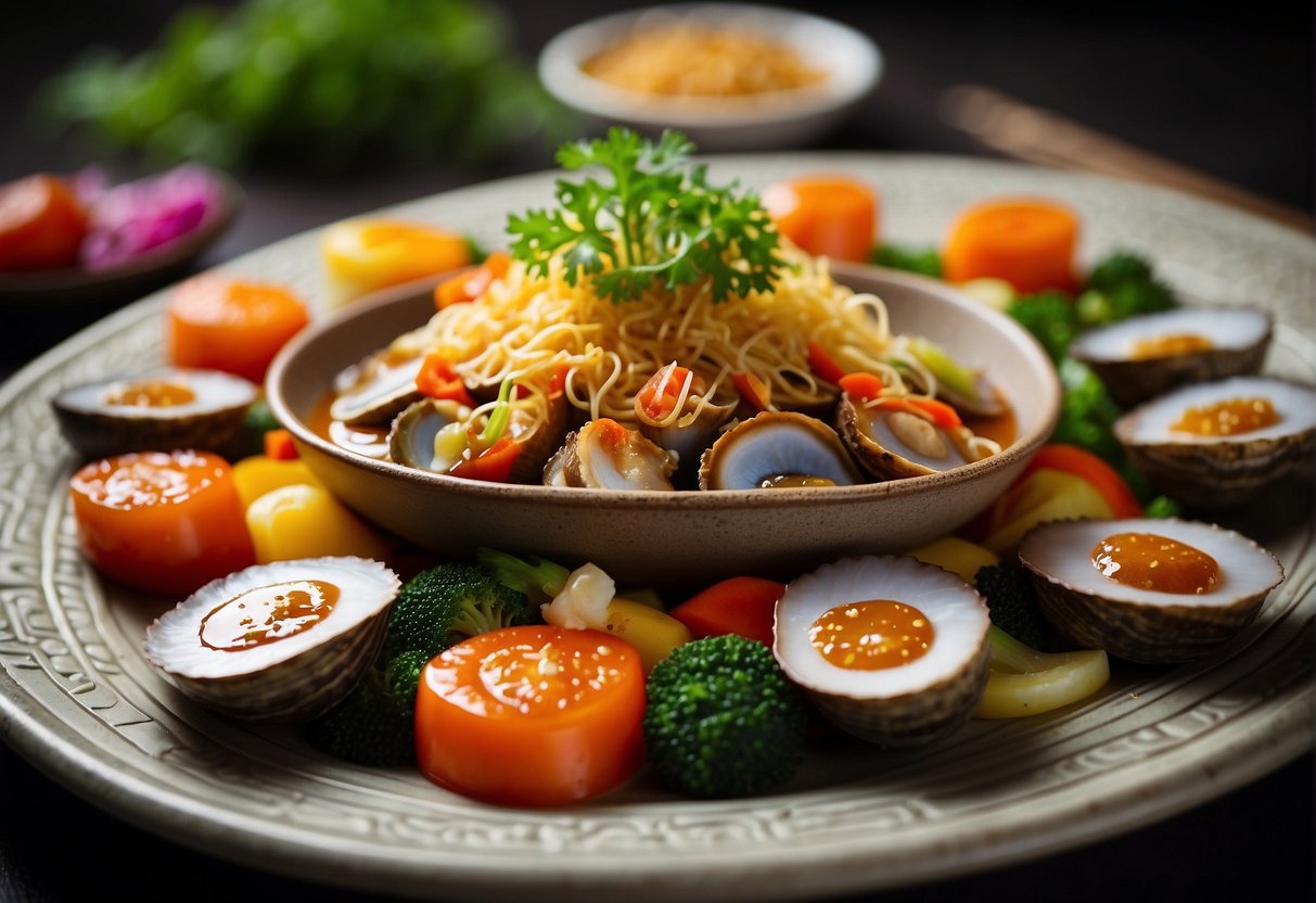 A platter of Chinese-style abalone with vibrant vegetables and savory sauce