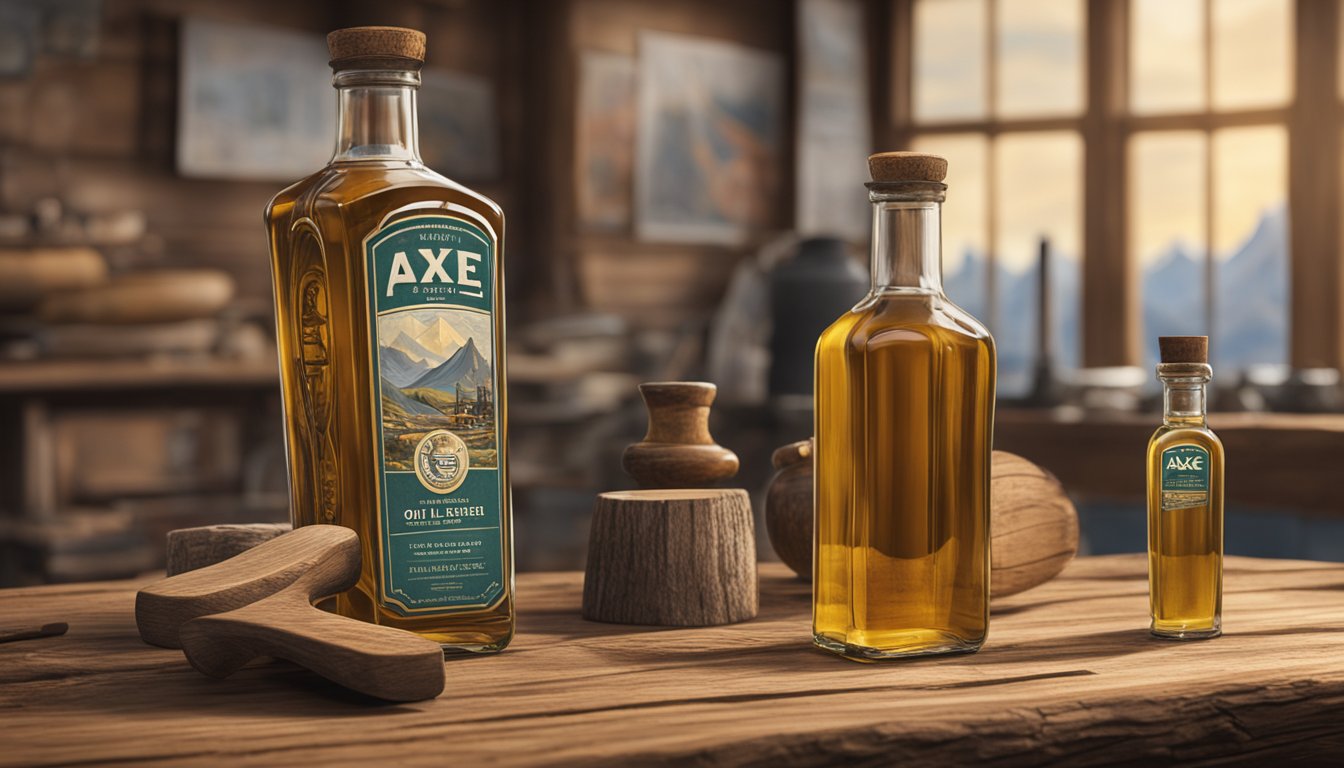 A rustic wooden table displays vintage Axe Brand Oil bottles against a backdrop of historical imagery