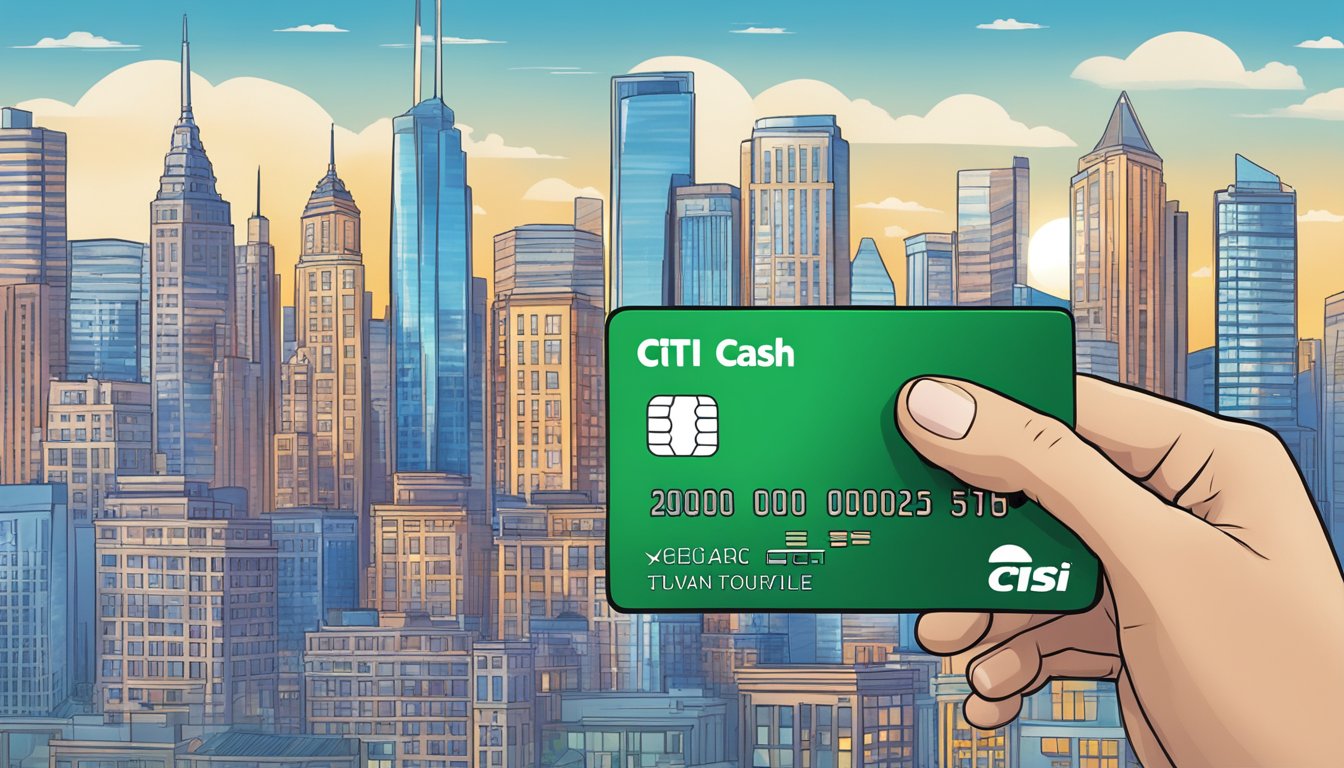 A hand holding the Citi Cash Back+ Card with a city skyline in the background, showcasing the benefits and rewards of the card