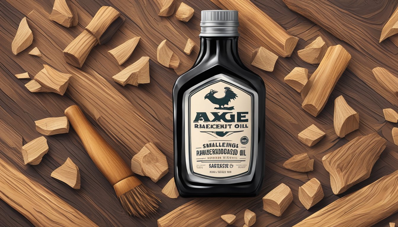 A bottle of Range axe brand oil sits on a wooden table, surrounded by scattered wood chips and a small axe