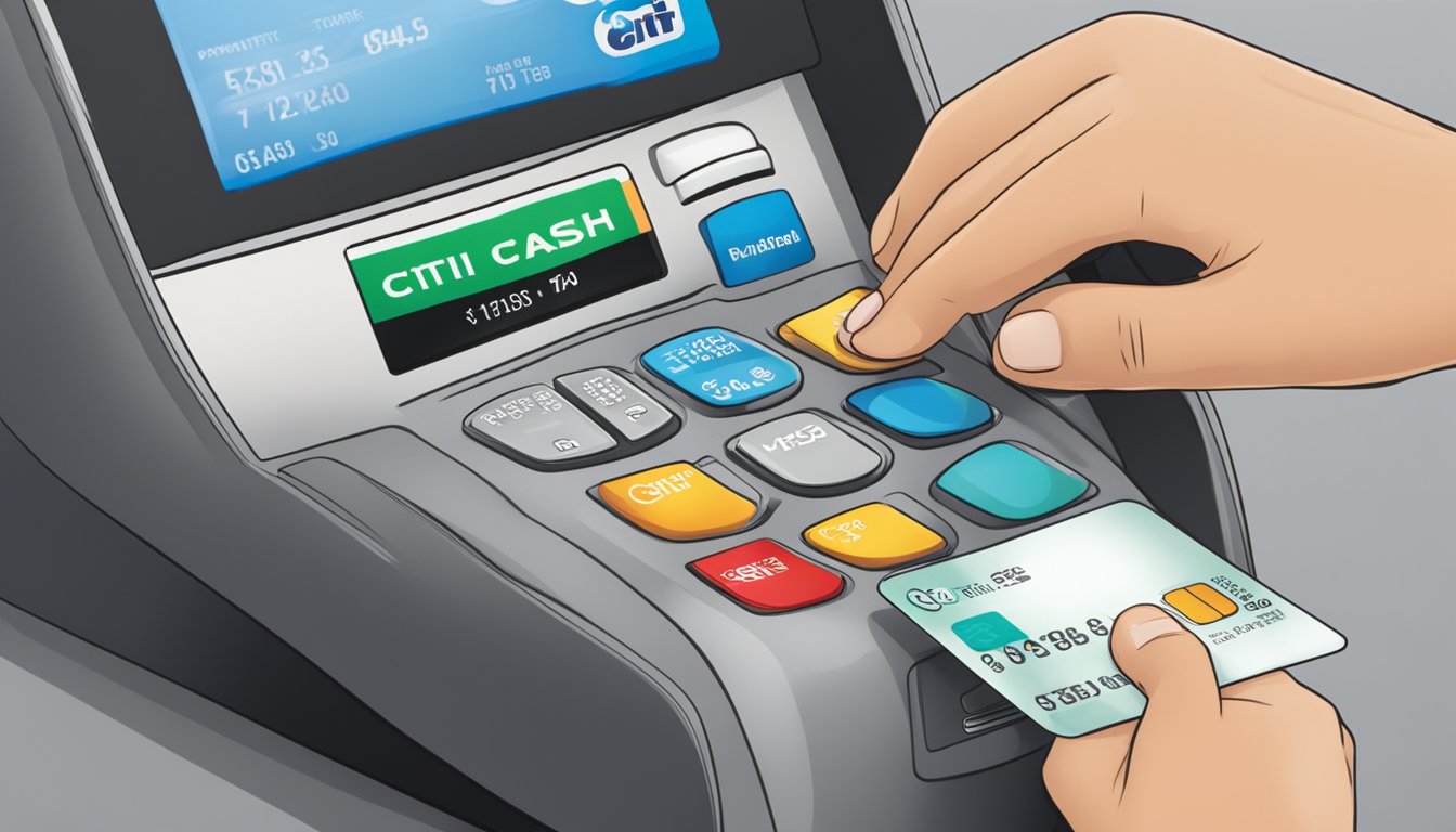 A hand swipes Citi Cash Back+ Card at a payment terminal in Singapore. Transaction complete