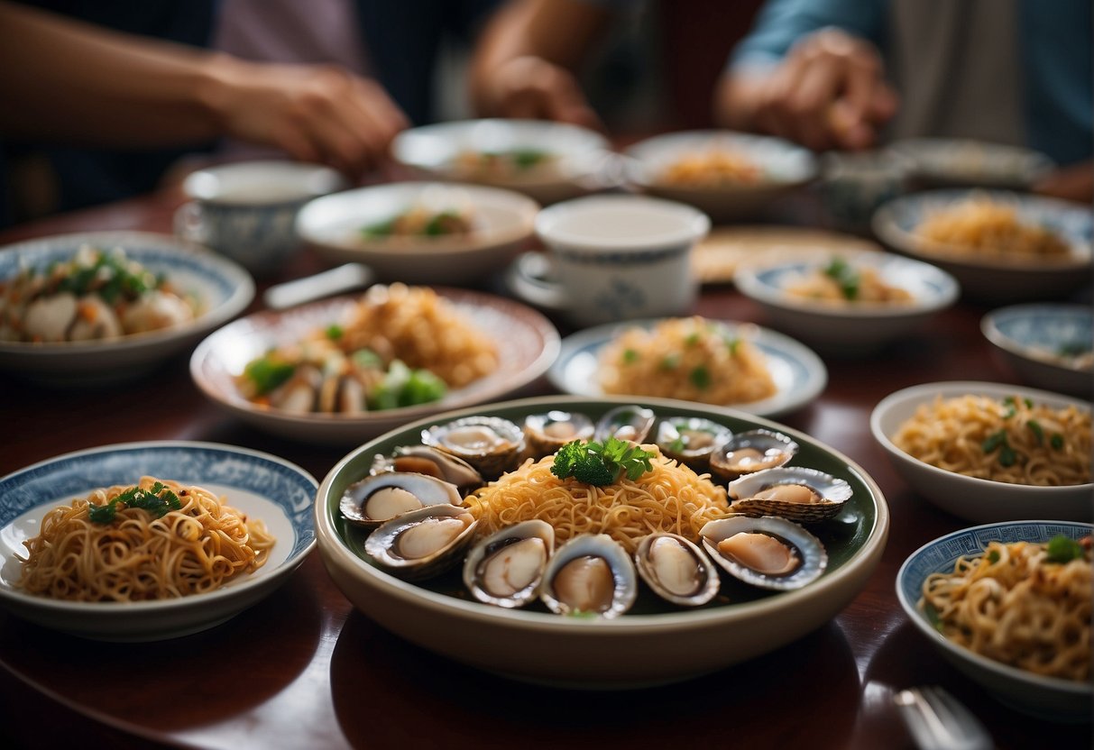 A table filled with Chinese-style abalone dishes, surrounded by eager diners with chopsticks in hand