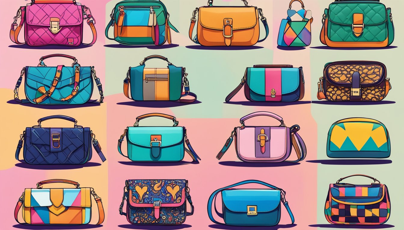 Vibrant colors and bold patterns adorn trendy purses, showcasing pop culture icons and influences