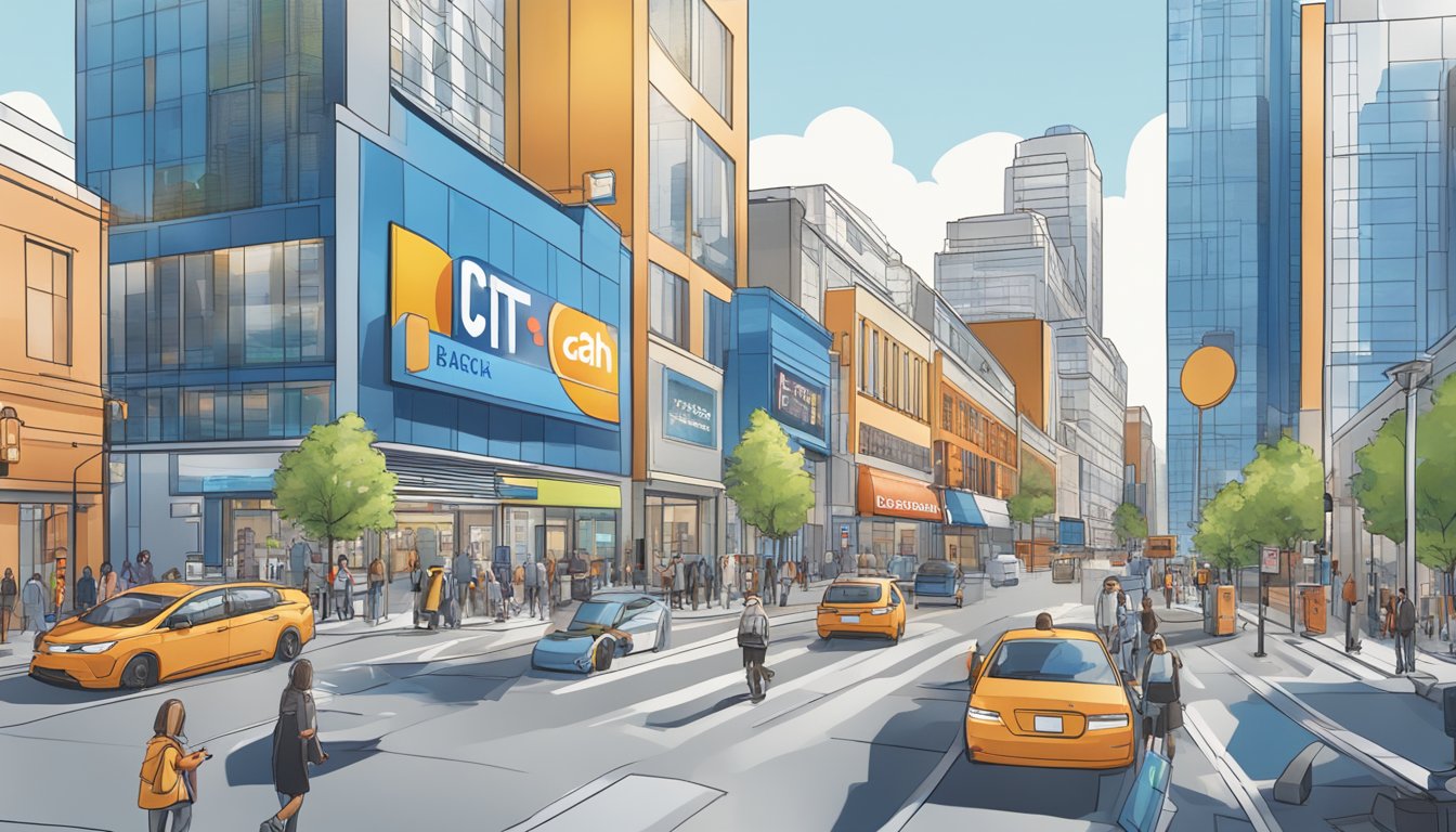 A bustling city street with modern buildings and convenience stores, showcasing the Citi Cash Back+ Card being used for purchases