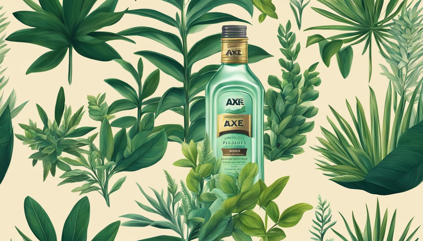A bottle of Axe brand oil surrounded by various plants and herbs, with a soft glow emanating from the bottle