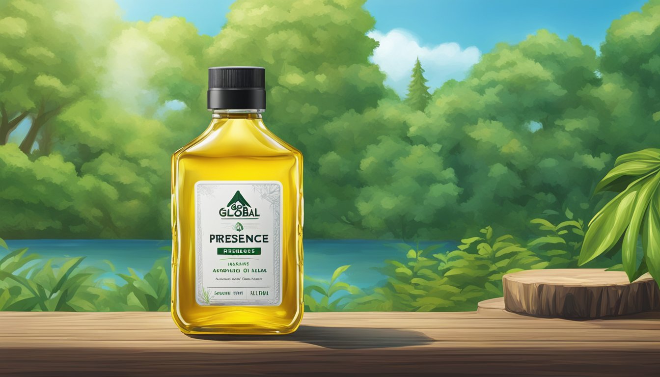 A bottle of Global Presence axe brand oil sits on a wooden table, surrounded by lush green foliage and a clear blue sky in the background