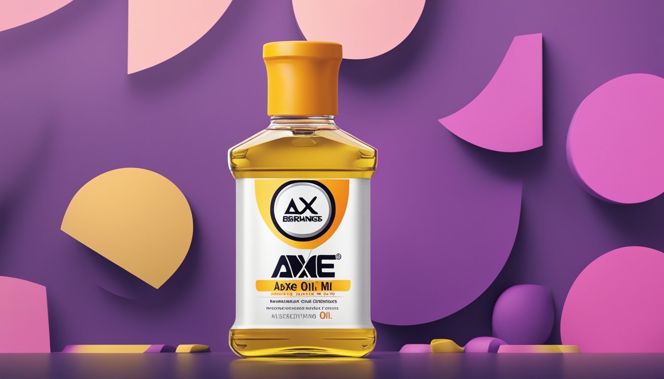 A bottle of Axe brand oil stands prominently against a bold, modern background, with the brand name and logo displayed prominently