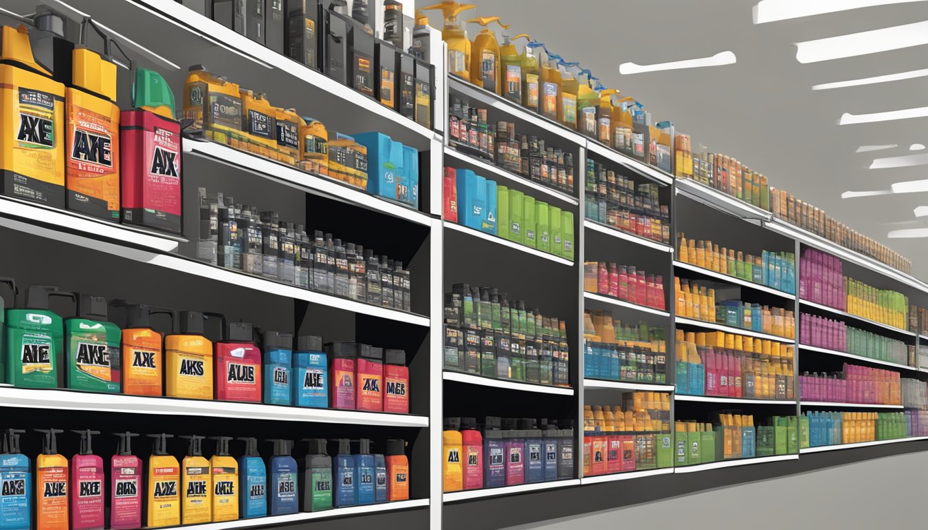 Axe brand oil displayed on shelves with price tags