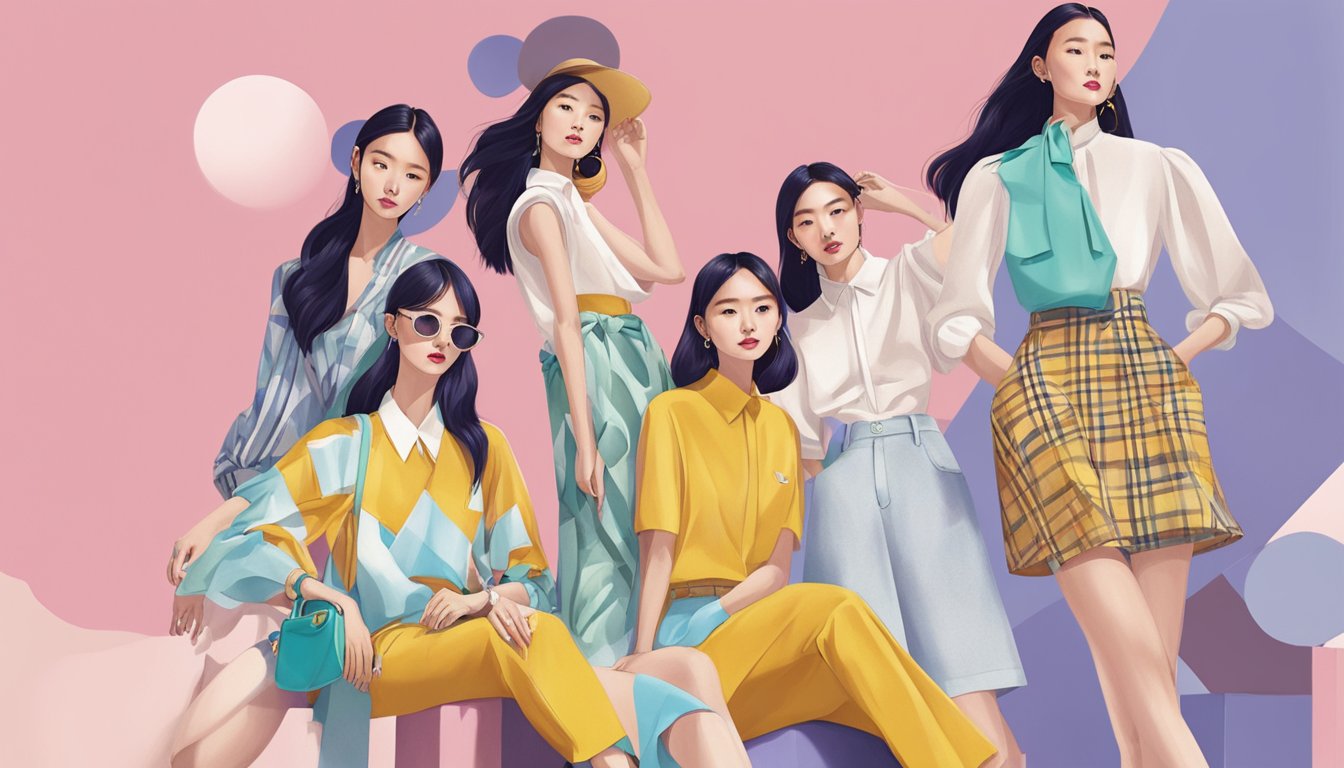 A group of Korean fashion brands collaborate and innovate, showcasing modern designs and bold patterns in a vibrant and dynamic setting