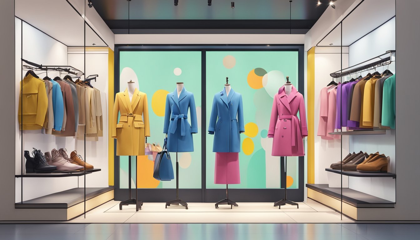 A colorful display of Korean fashion brands in a trendy boutique window. Mannequins showcase stylish outfits, while shelves are filled with accessories and footwear